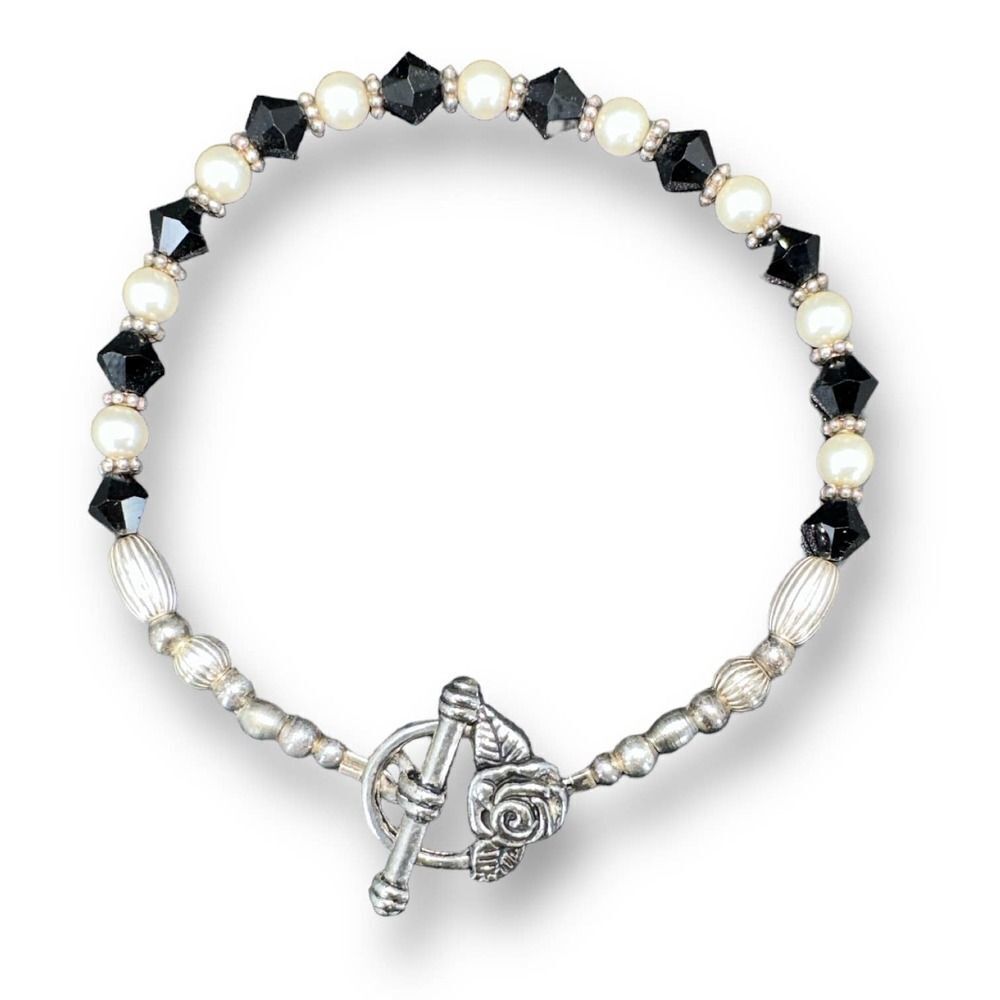 Sterling Silver Beaded Womens Bracelet Sz 8 Black Glass Faux Pearl Toggle Clasps